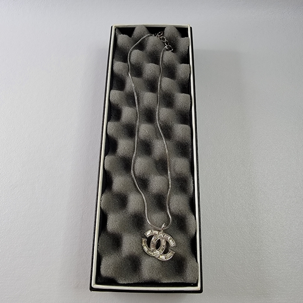 CHANEL CC Logo Rhinestone Silver Tone Necklace - Picture 6 of 10